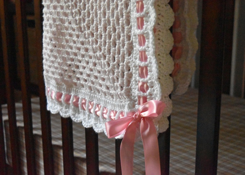 CROCHET PATTERN // Sweet Georgia Heirloom Baby Blanket, Granny Square, Scalloped Border, Ribbon and Bow for Baby Girl or Baby Boy, Baptism image 5