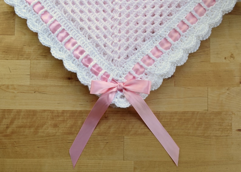 CROCHET PATTERN // Sweet Georgia Heirloom Baby Blanket, Granny Square, Scalloped Border, Ribbon and Bow for Baby Girl or Baby Boy, Baptism image 3