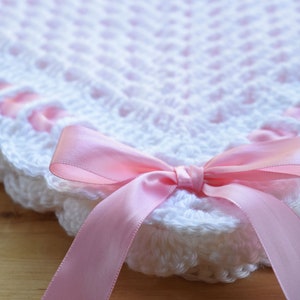 CROCHET PATTERN // Sweet Georgia Heirloom Baby Blanket, Granny Square, Scalloped Border, Ribbon and Bow for Baby Girl or Baby Boy, Baptism image 1