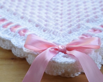 CROCHET PATTERN // Sweet Georgia Heirloom Baby Blanket, Granny Square, Scalloped Border, Ribbon and Bow for Baby Girl or Baby Boy, Baptism