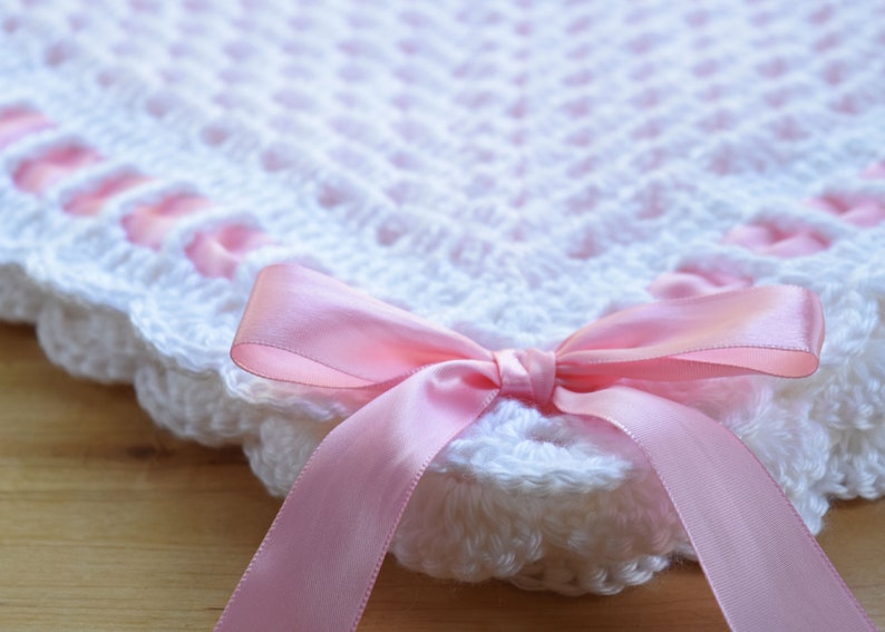 CROCHET PATTERN // Sweet Georgia Heirloom Baby Blanket, Granny Square, Scalloped Border, Ribbon and Bow for Baby Girl or Baby Boy, Baptism image 1