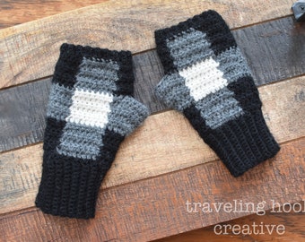 CROCHET PATTERN // Modern Buffalo Plaid Fingerless Gloves, Wristwarmers, Mittens, Handwarmers, Gauntlet