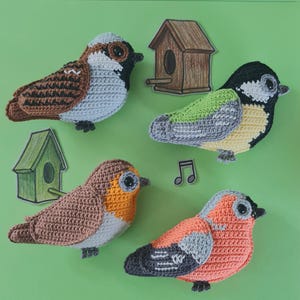 May include: Four handmade crochet birds in shades of brown, orange, green, and grey, with black eyes. Two small birdhouses and a musical note are also present. The birds are displayed against a green backdrop.
