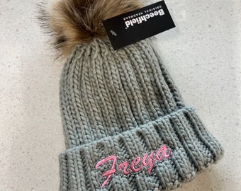 Embroidered Beechfield Faux Fur Pop Pom Chunky Beanie - BB412