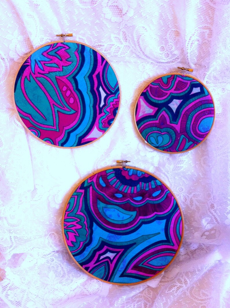60s Psychedelic Fabric Embroidered Hoop Wall Art Set 3 Etsy