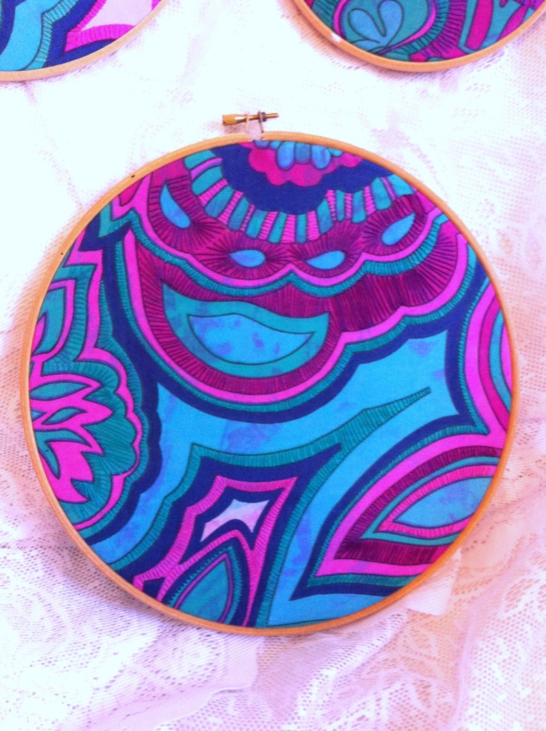 60s Psychedelic Fabric Embroidered Hoop Wall Art Set 3 Etsy