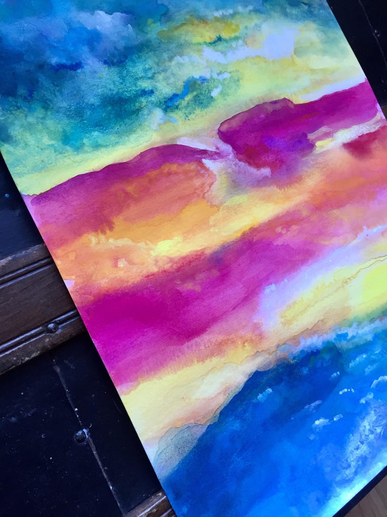 Bright Abstract Original Watercolor Painting. NEON SUN. 11x15 Etsy