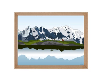 Illustrated mountain hiking poster: The AIGUILLES de CHAM and Lake BLANC