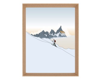 Illustrated mountain ski mountaineering poster: THE QUEST