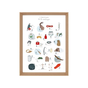 Peut inclure: Une affiche alphabet illustrée colorée avec le titre "L'ABÉCÉDAIRE de la montagne" et des images représentant chaque lettre de l'alphabet liées à l'escalade et à la randonnée en montagne.