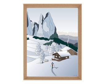 Illustrated mountain ski touring poster: REFUGE