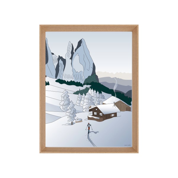 Affiche illustrée ski de randonnée montagne : REFUGE