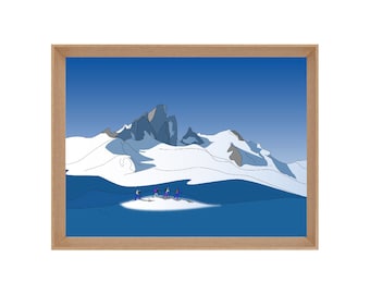 Illustrated mountain ski hiking poster: "Where the road goes"