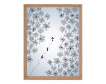 Illustrated poster of snowy forest mountain hiking snow: WINTER GARDEN