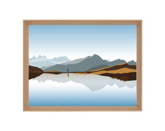 Illustrated poster mountain lake hiking Aiguilles d'Arves: REFLECTION