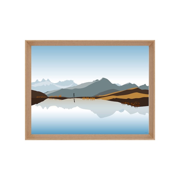 Affiche illustrée montagne lac randonnée Aiguilles d'Arves :  REFLEXION