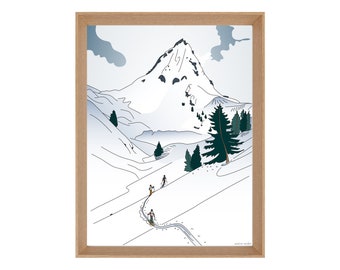 Illustrated mountain ski touring poster: PARADIS BLANC