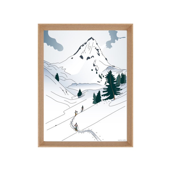 Affiche illustrée ski de randonnée montagne : PARADIS BLANC