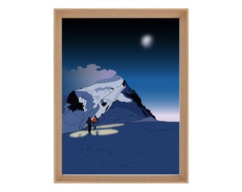 Illustrated mountaineering poster: In the light of early morning