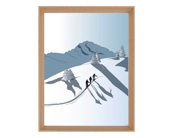 Illustrated mountain ski hiking poster: CURVED LINE