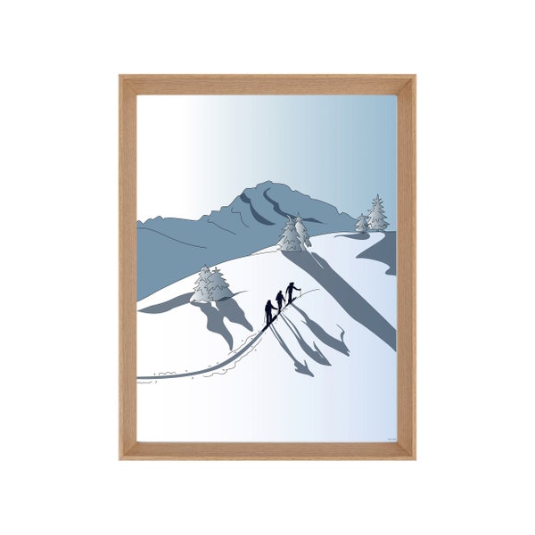 Affiche illustrée montagne ski randonnée :  LIGNE COURBE