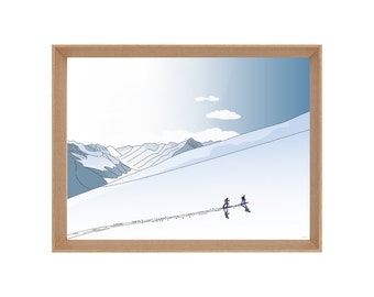 Illustrated mountain ski hiking poster: The escape, beautiful