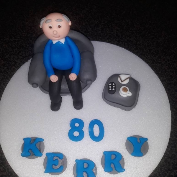 Edible handmade man in chair, buffet with cake and tea cake topper  PERSONALISED