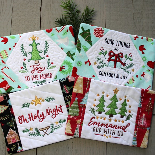 Set of 4 Inspirational Christmas mug rugs machine embroidery for 5x7 hoops