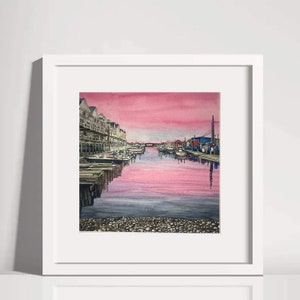 ORIGINAL Aquarell Portland Maine Old Port Pink Sunset 8 x 8