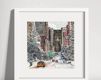 NYC Snowy Morning Watercolor Print: New York City Streetscape Art