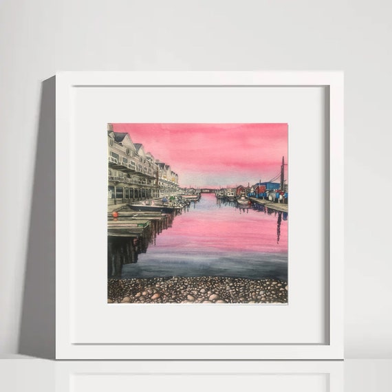 Watercolor Print 8 x 8 Portland Maine Harbor Coastal Boats Seascape Old Port Sunset