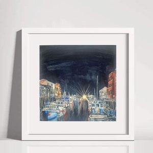 ORIGINAL Aquarell Portland Maine Old Port Night 8 x 8