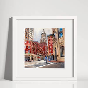 Watercolor Print Historical Boston Streetscape Freedom Trail Old State House Cityscape Architecture 7.5 x 7.5 Art