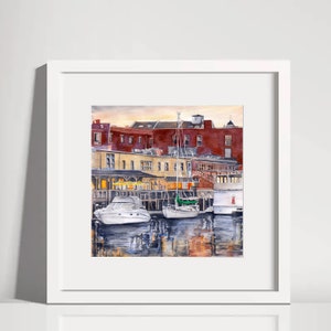 Watercolor Print Portland Maine Coastal Harbor Boats Docks Portland Old Port 8 x 8