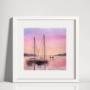 Watercolor Print Sunset Sailboats Southwest Harbor MDI Mount Desert Island Acadia National Park