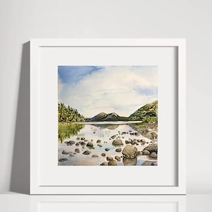 Watercolor Print Jordan Pond Acadia National Park MDI Maine 8 x 8 inches