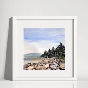 Watercolor Print Coastal Maine Bar Harbor Mount Desert Island MDI Shore Path Acadia National Park Seascape 8 x 8