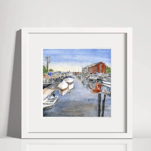 Watercolor Print 8 x 8 Portland Maine Harbor Coastal Boats Seascape Old Port
