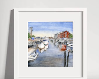 水彩画 8 x 8 ポートランド メイン港 沿岸ボート 海景 オールドポート
