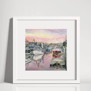 Impresión de acuarela Puerto de Portland Maine Barcos costeros Paisaje marino Puerto antiguo Amanecer 7,5 x 7,5