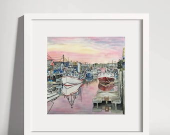 水彩画 ポートランド メイン州 港 沿岸のボート 海景 オールドポート 日の出 7.5 x 7.5