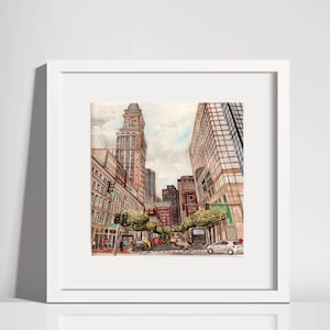 Watercolor Print Historical Boston Streetscape Freedom Trail Old State House Cityscape Architecture 7.5 x 7.5 Art