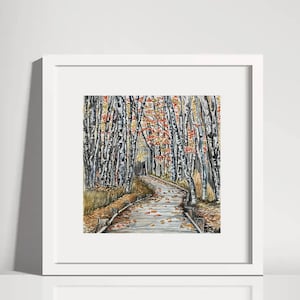 May include: A watercolor painting of a path through a forest of birch trees. The trees are mostly white with some black markings. The leaves on the trees are mostly green with some yellow and orange leaves. The path is made of wood and is covered in fallen leaves.