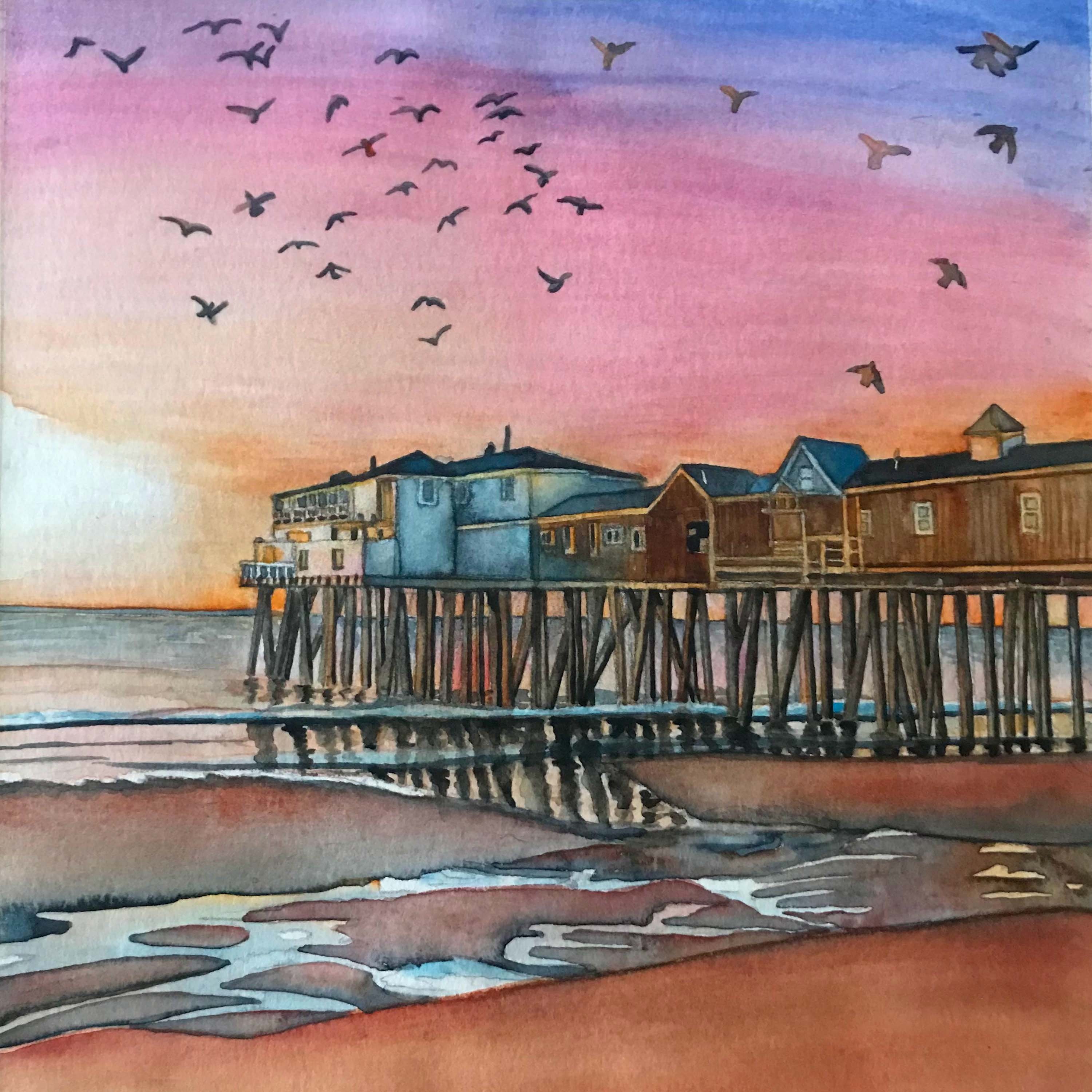 Watercolor Print Old Orchard Beach Maine OOB Southern Maine photo