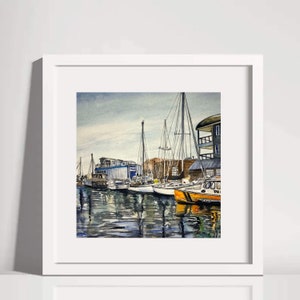 ORIGINAL Aquarell Portland Maine Old Port Boote Hafen 8 x 8