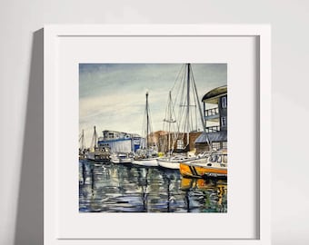 ORIGINAL Watercolor Portland Maine Old Port Boats Harbor 8 x 8
