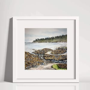 Watercolor Print Coastal Maine Bar Harbor Mount Desert Island MDI Bracy Cove Acadia National Park Seascape 8 x 8