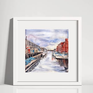 Aquarell Druck 8 x 8 Portland Maine Hafen Küstenboote Meerlandschaft Alter Hafen 3