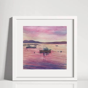 Watercolor Print Sunrise Lobster Boat Bar Harbor MDI Mount Desert Island Acadia National Park 8 x 8