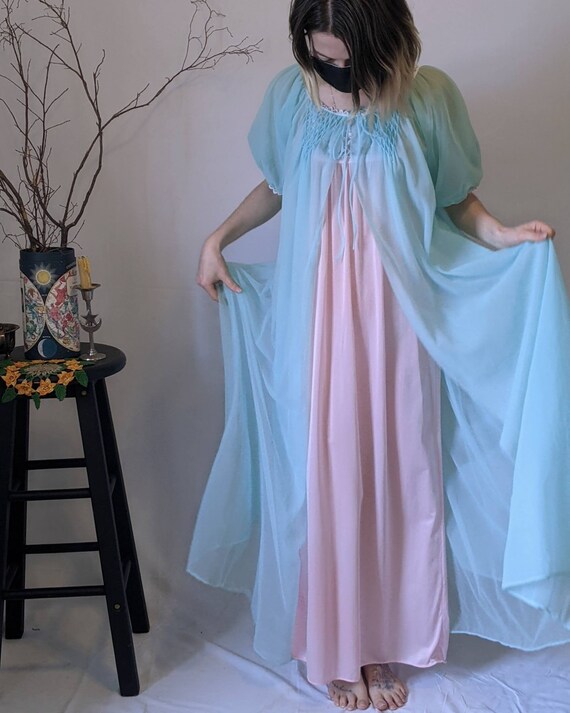 50sLong Blue Nightgown and Robe Size SVintage Belle Smith Sheer Turquoise NightgownPeignoir